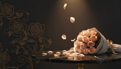 Romantic bouquet of pink roses with falling petals on dark table, Valentine's Day, space for text  