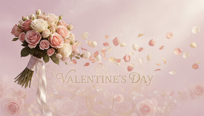 Bouquet of pink roses with petals for Valentine's Day celebration