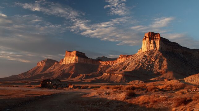 Desert plateau silhouette rocky cliffs glowing sky casting shadows across land - Powered by Adobe