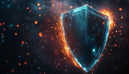 The image shows a dark, digital shield with bright blue and orange flames surrounding it, set against a black background with bokeh effects.