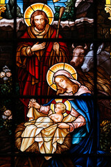 Stained glass. Nativity of Jesus or birth of Christ.  Church of Fatima.  Ho Chi Minh city. Vietnam.