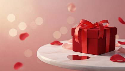 Red gift box with ribbon on white table surrounded by rose petals for Valentine's Day, space for text  