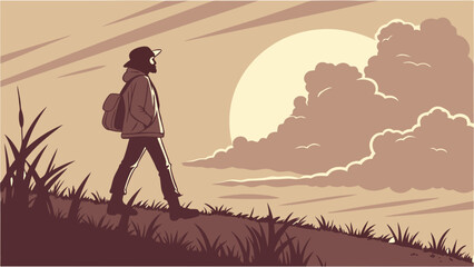 A lone traveler on a journey under the setting sun.