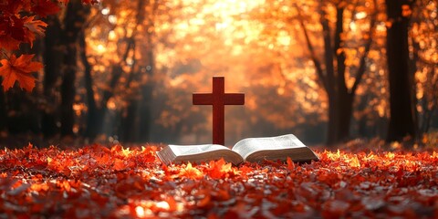 Autumn leaves surround an open book and wooden cross in a serene forest setting during hour