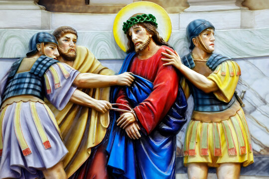 Way of the cross. Station 1.  Pontius Pilate condemns Jesus to death. Church of Fatima.