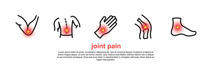 Set of vector icons depicting joint pain. Medical symbols for back, knee, arm, leg, and spine pain. Healthcare and anatomy concept on white background.