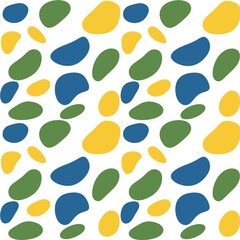 Colorful seamless abstract blob pattern with blue green and yellow organic shapes on white background