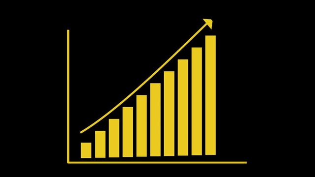 Data visualization animating on dashboard, showing rising bars flowing line graph hex grid overlay,Motion animated footage. Statistics bars columns growth, arrow up. Finance, Bar graph going up