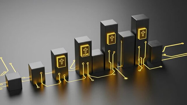 Growing stack of bible icons with glowing circuit lines. Modern christianity, digital faith, religious growth concept. Footage.