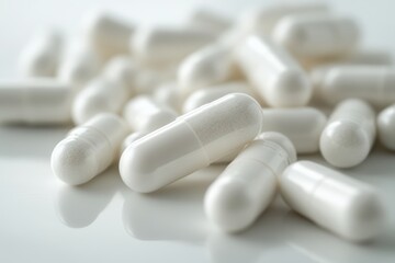 A collection of white capsules scattered on a reflective surface, highlighting their smooth texture and shape.