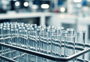 Row of glass test tubes in rack at lab with cool blue lighting