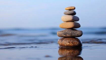 A vertical stack of five smooth, differently colored stones sits on a dark brown stone in shallow water, with a blurred ocean background.