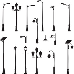 Lamppost Silhouettes, Streetlight Vector Set, Outdoor Lighting Elevation View, Minimal Design, Isolated Flat Icons © ShamimReza