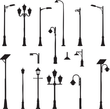 Lamppost Silhouettes, Streetlight Vector Set, Outdoor Lighting Elevation View, Minimal Design, Isolated Flat Icons