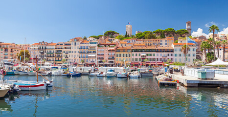 Cannes, France. Vibrant panoramic harbor scene in a Mediterranean coastal town