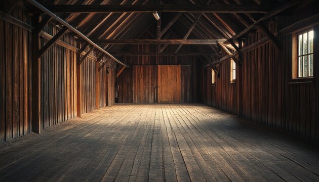 The image shows the inside of an old barn with wooden walls, beams, floors, and a closed wooden door, lit by sunlight through a window.
