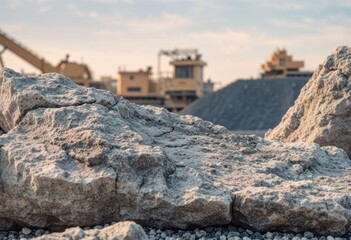 Rough construction rock pile with background industrial site under warm light