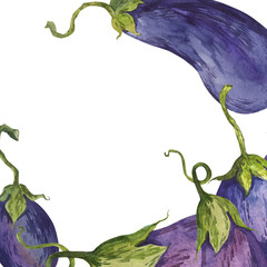 A frame of hand-painted watercolor eggplant illustrations