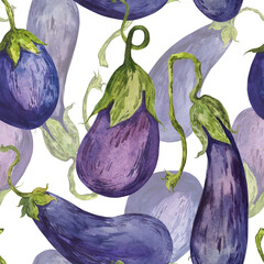 A seamless pattern with watercolor illustrations of eggplants