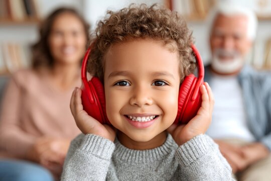 Happy little boy listening to music with headphones - Powered by Adobe