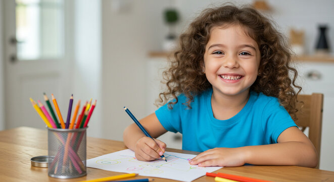 Happy little girl drawing with colored pencils at the table at home - Powered by Adobe