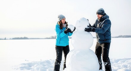 Couple Making Snowman. Fun Winter Outdoor Activity.