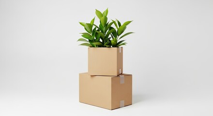 Green plant growing from stacked cardboard moving boxes