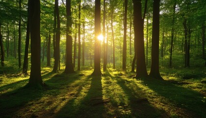 Sunlight streams through tall trees in a dense forest, illuminating a mossy forest floor.