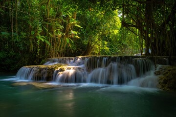 Fototapeta premium Lush rainforest waterfall flows over rocks amidst dense tropical foliage