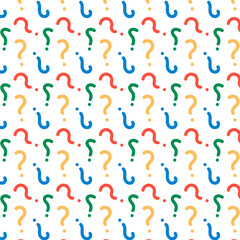 Colorful seamless pattern of red, yellow, blue, and green question marks on a white background, symbolizing curiosity, inquiry, and uncertainty.