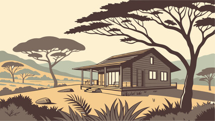 Cabin in a Savannah Landscape Vector Illustration.
