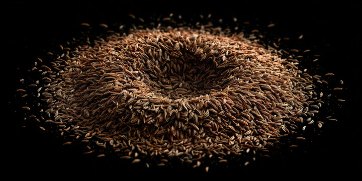 Heap of cumin seeds arranged in a circle with dark background, natural spice seasoning closeup - AI generated