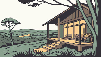 Cabin in the Wilderness Vector Illustration of a Retreat Nature Escape Scenic View.