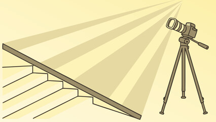 Camera and Tripod Illustration with Stairs and Light Beams.