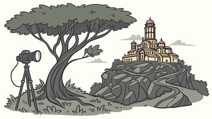 Camera Capturing Landscape Illustration of a Building on a Hill.