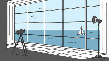 Camera Sailboat and Sea in Studio Illustration.