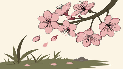 Cherry Blossom Branch and Falling Petals Illustration.
