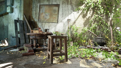 Sunlight streams through a broken window, illuminating a deserted workshop. Wild vines and leaves cover the floor, while a wooden table holds remnants of past work. Nature envelops the space.