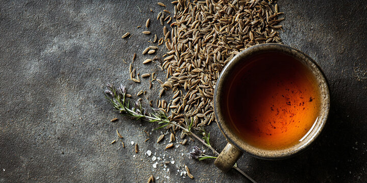 Still life with cumin seeds next to a cup of tea on dark table, highlighting natural aroma - AI generated