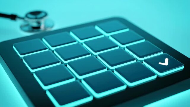 Health Check: All Systems OK where a stethoscope touches a grid; tiny pulse dots blip once across tiles before a mint standby settles and a discreet corner check confirms.