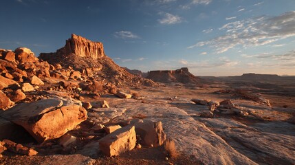 Desert plateau silhouette rocky cliffs glowing sky casting shadows across land