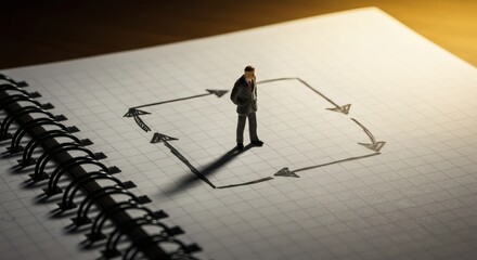 Trapped Business Figure in Cycle of Arrows on Notebook with Thinking, and Decision.