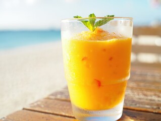Obraz premium Refreshing orange juice in glass on sunlit beach with mint garnish