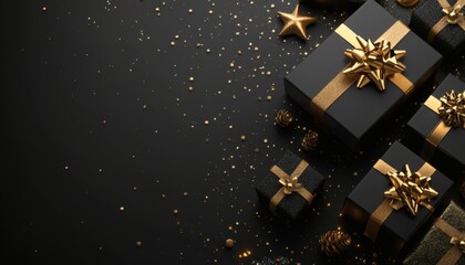 The image shows multiple black gift boxes adorned with gold ribbons and bows, surrounded by gold confetti and pine cones on a black background.
