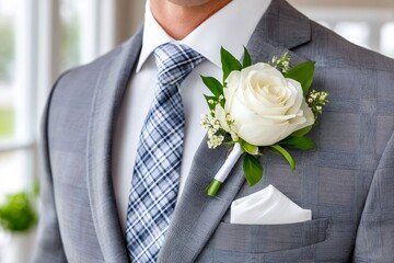Groom wearing grey suit with white rose boutonniere