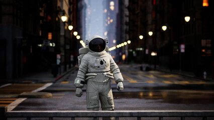 An astronaut stands alone on an empty city street, surrounded by dim streetlights. The buildings reflect a serene twilight, creating a surreal atmosphere. Silence envelops the scene. © icetray
