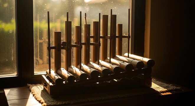 Traditional Angklung Placed Near Window Golden Sunlight Streaming Timeless Music