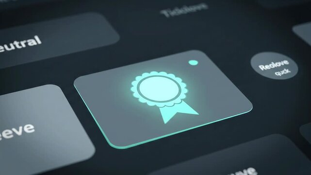 Incident Management: Ticket Closed when a triangle alert shrinks into a tile; a seal rosette forms and a corner check appears, framing resolution without commentary.