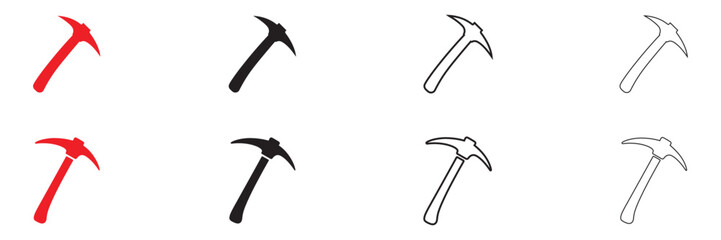 Pickaxe mining tool vector icon set, gold mining axe vector, silhouette and line art illustration
