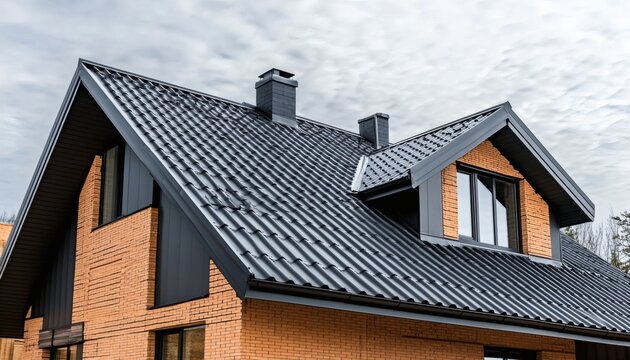The image shows a newly constructed house featuring a gabled roof with dark gray metal tiles, two chimneys, and several windows, all set against a cloudy sky.